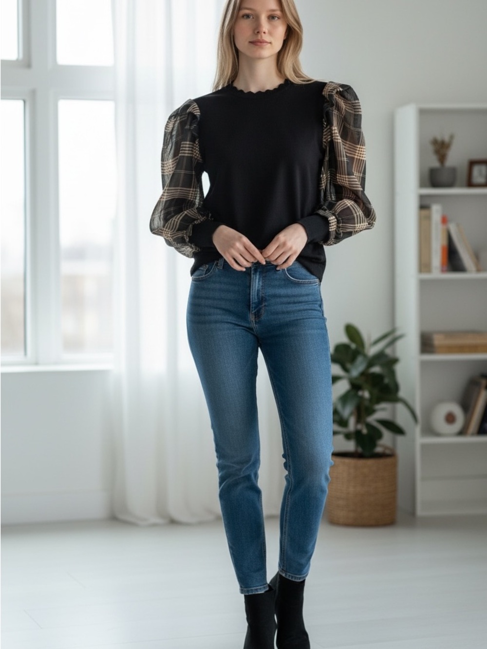 Current Air ribbed Black Knit Sweater with Sheer Plaid Puff Sleeves Size M